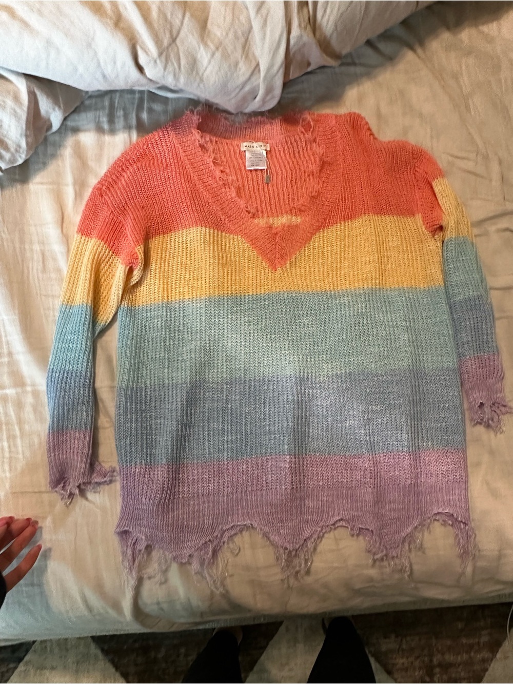 Pastel Rainbow Distressed Knit Sweater - Multi